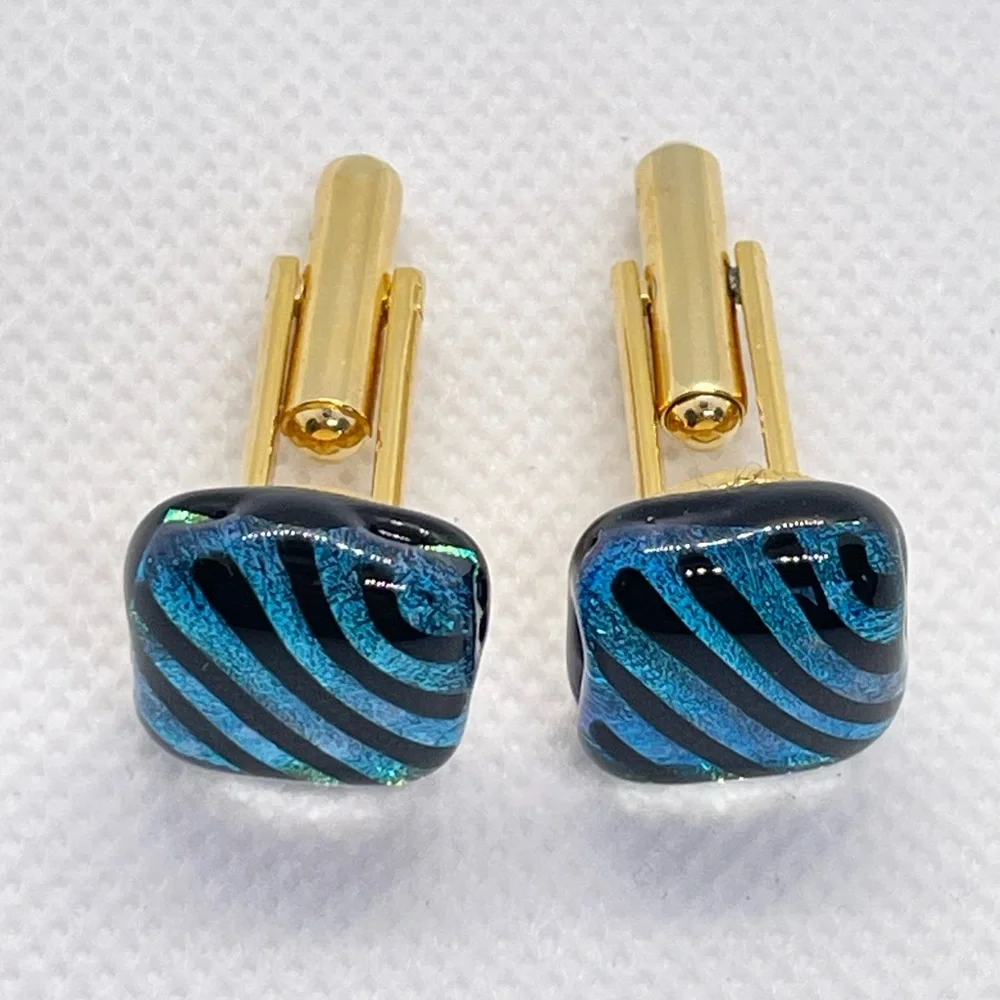Cufflinks! Beautiful blue & green glass with black stripe design; Great gift!